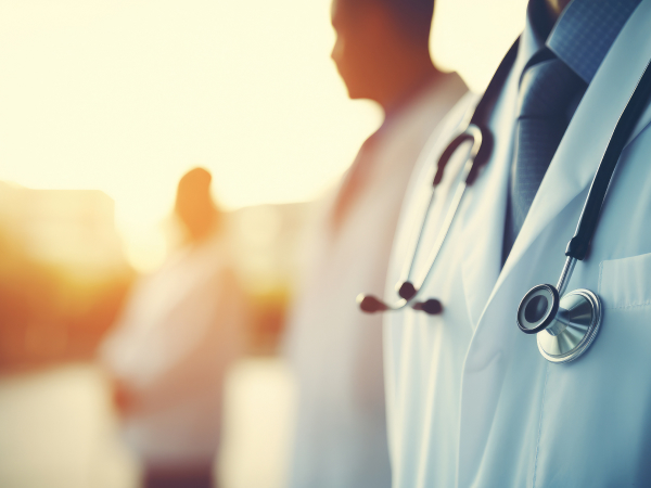 A group of doctors and nurses stand in the sunlight